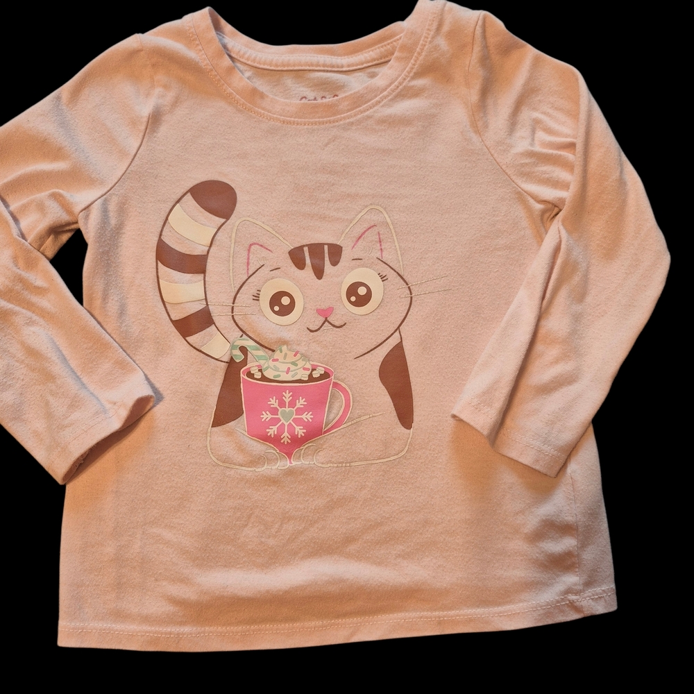 ⭐️⭐️5 /$15Cat & Jack Pink Long Sleeve Tee with Cat and Mug Design